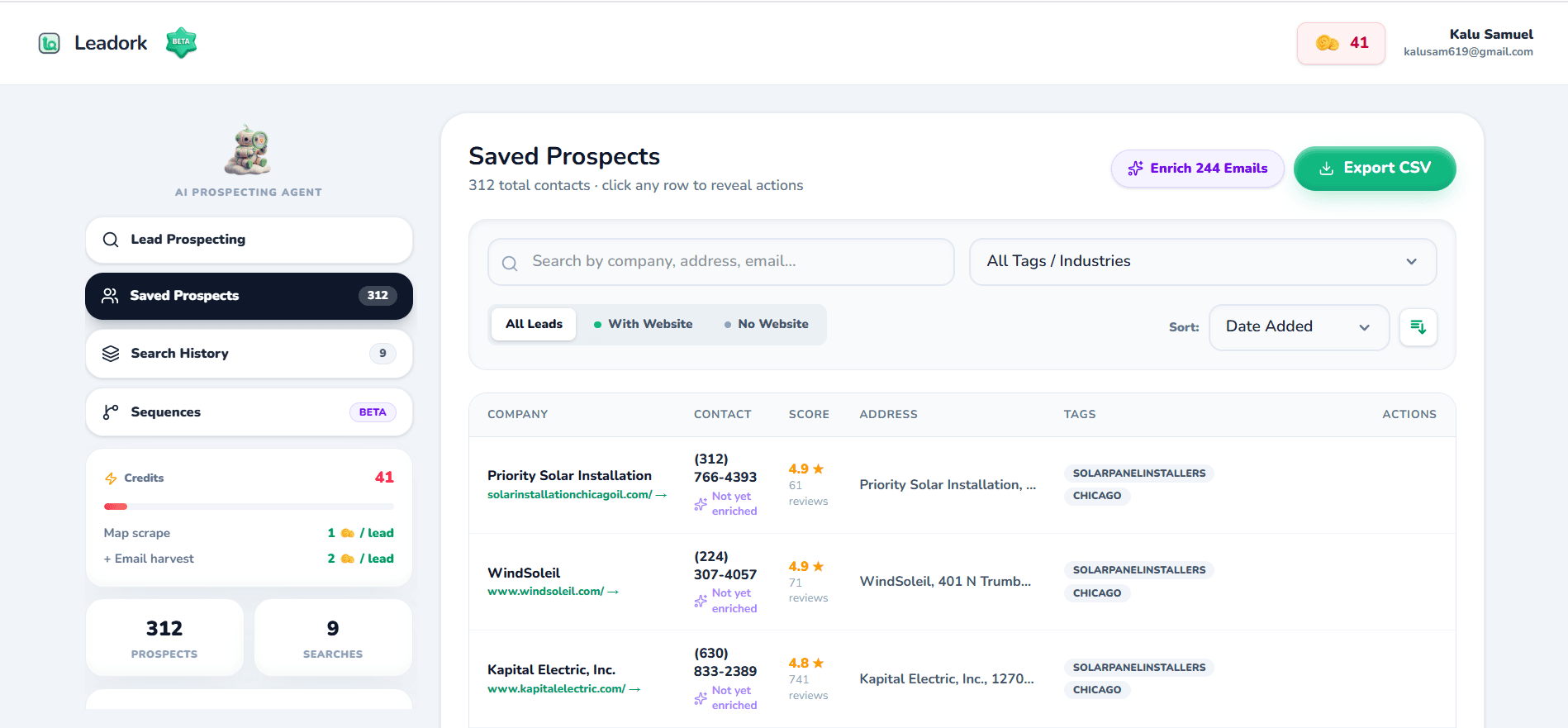 Leadork dashboard showing saved prospects